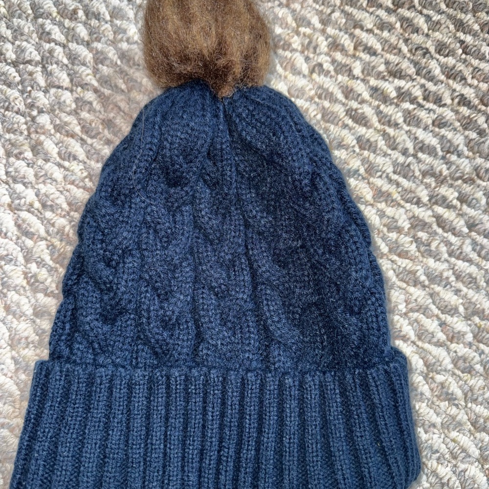 Navy Blue Knit Beanie with Brown Pom